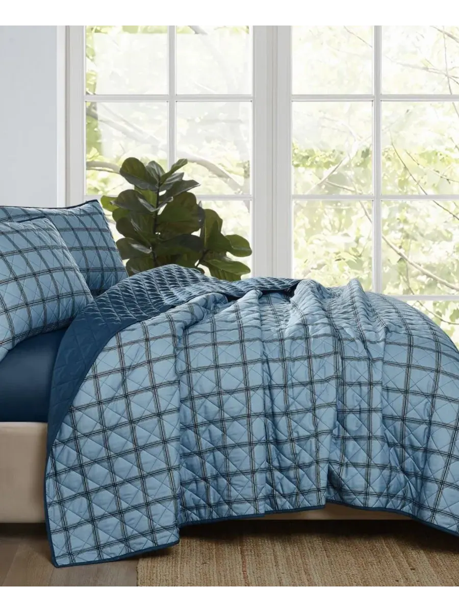 Комплект стеганого покрывала Luka Grid Plaid, 3 предмета, King Cannon — изображение 2 из 5, синий
