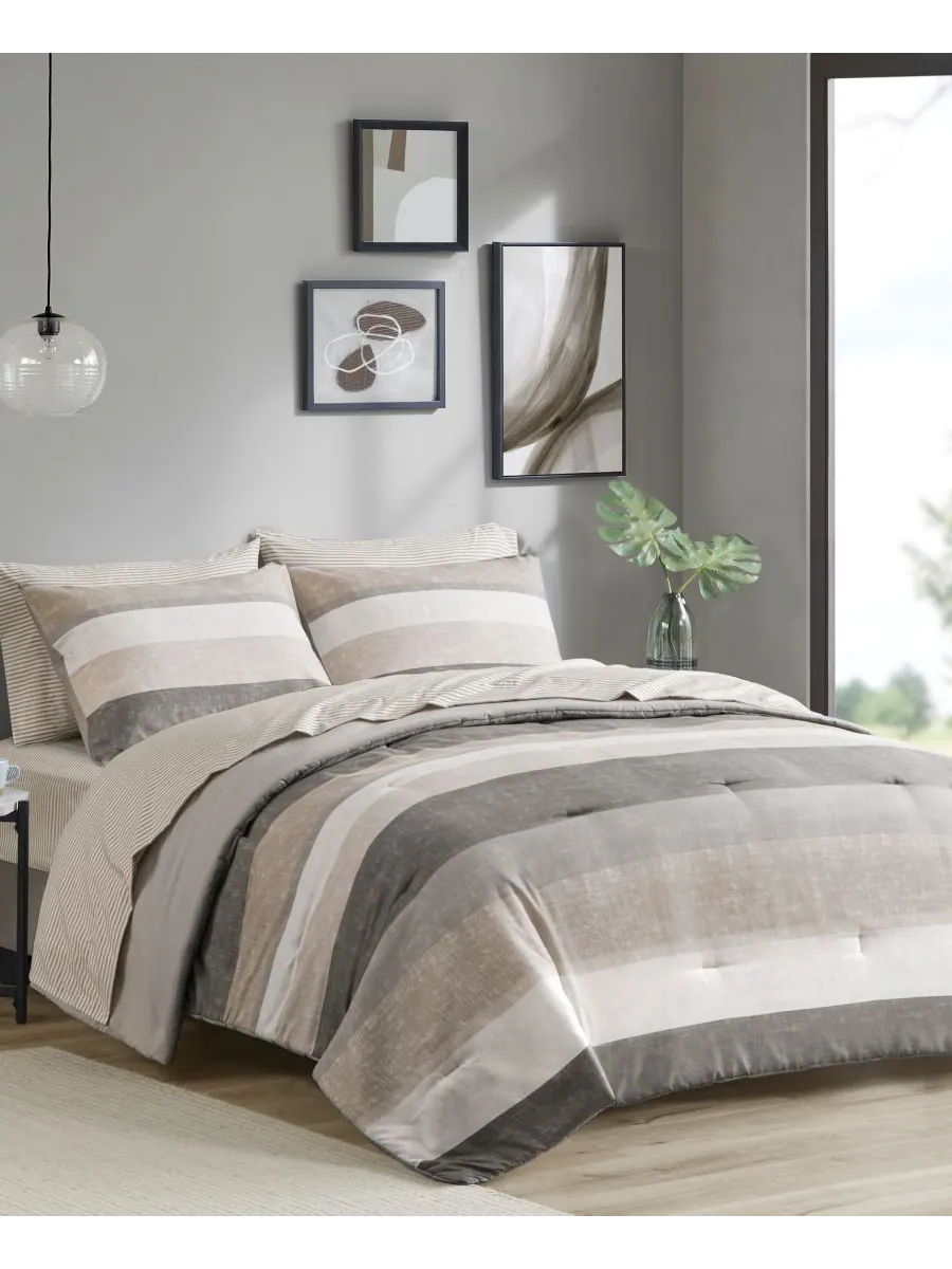 Комплект постельного белья Jaxon Wide Stripe из 7 предметов, размер Full Madison Park Essentials — изображение 2 из 10, серый