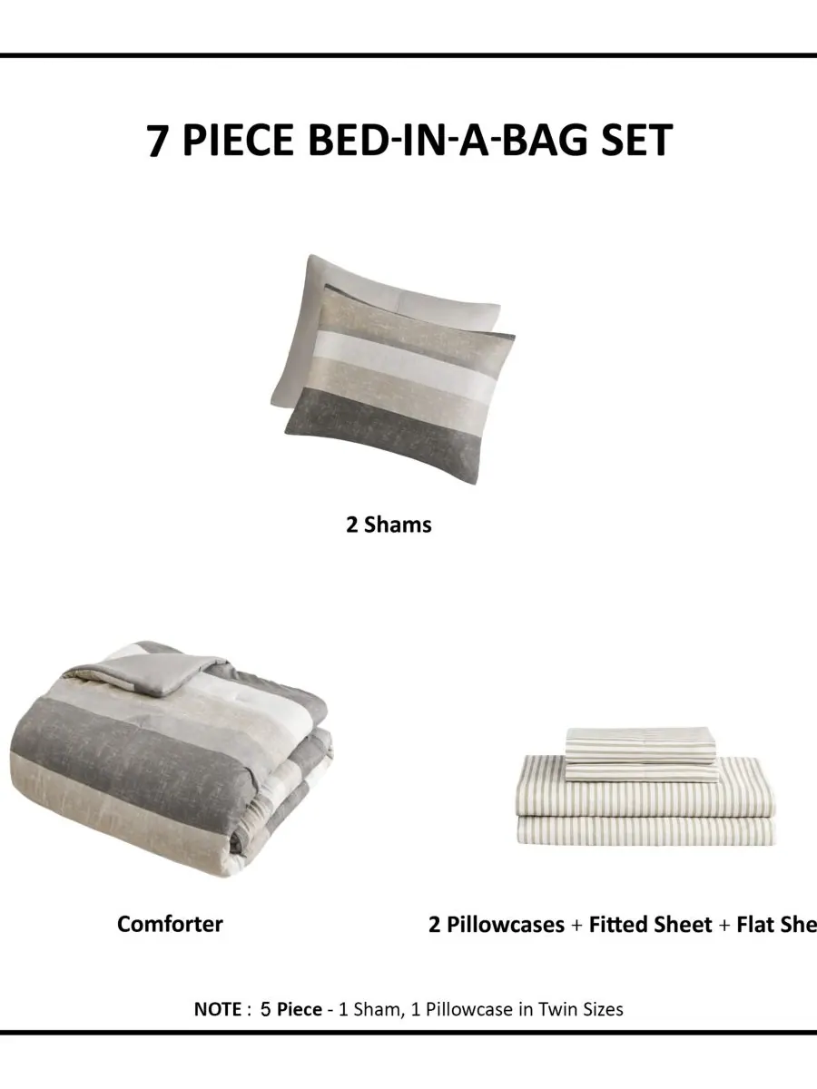 Комплект постельного белья Jaxon Wide Stripe из 7 предметов, размер Full Madison Park Essentials — изображение 6 из 10, серый