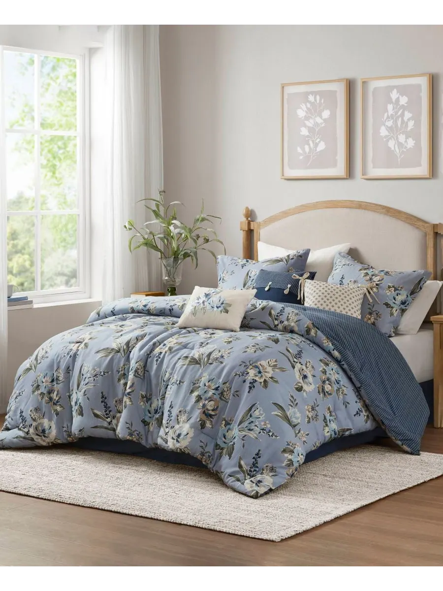 Комплект постельного белья Salara Vintage Floral, 7 предметов, размер Queen Madison Park — изображение 8 из 9, синий