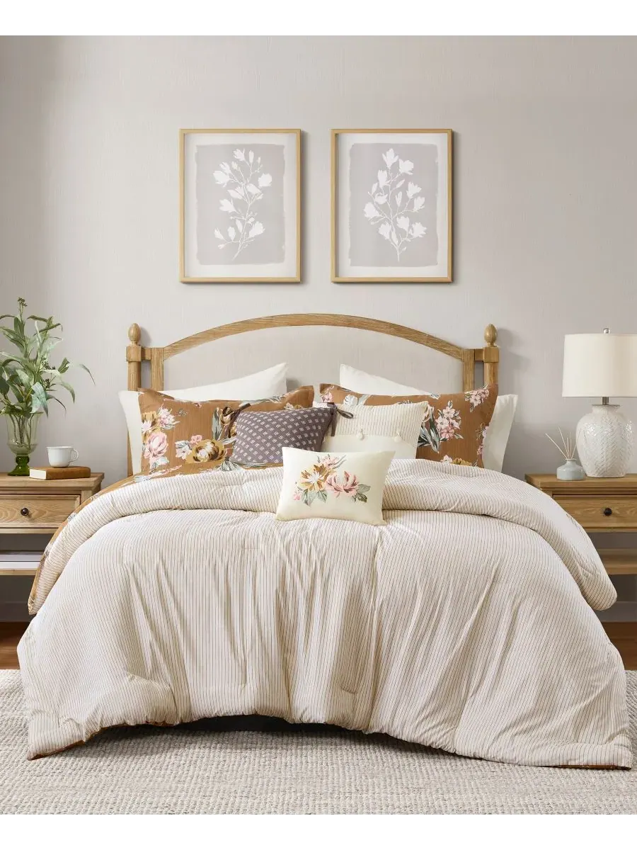 Комплект постельного белья Salara Vintage Floral, 7 предметов, размер Queen Madison Park — изображение 2 из 10, оранжевый