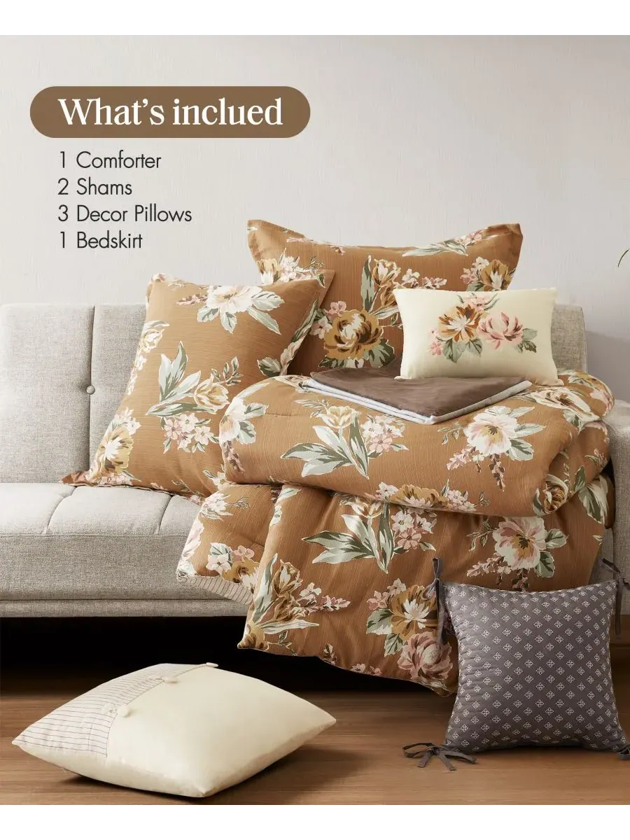 Комплект постельного белья Salara Vintage Floral, 7 предметов, размер Queen Madison Park — изображение 3 из 10, оранжевый