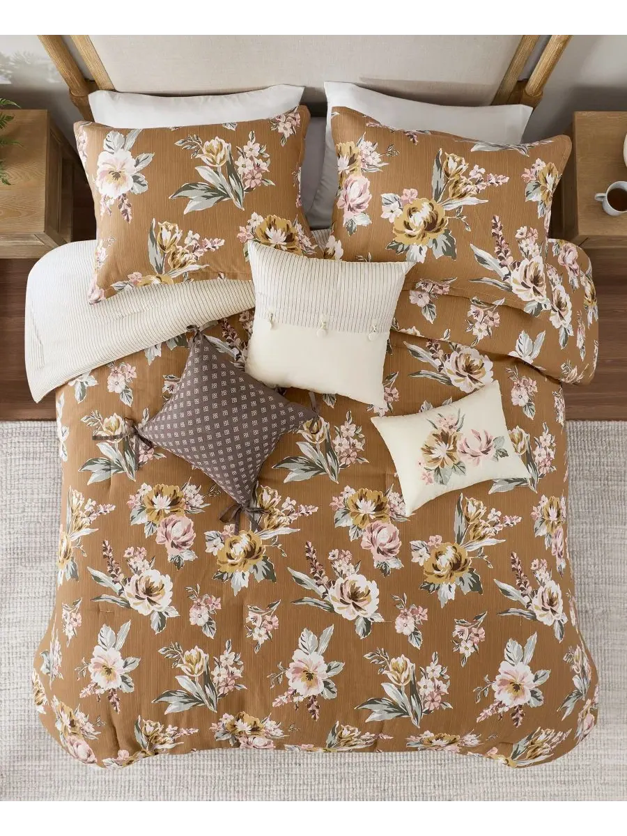 Комплект постельного белья Salara Vintage Floral, 7 предметов, размер Queen Madison Park — изображение 4 из 10, оранжевый