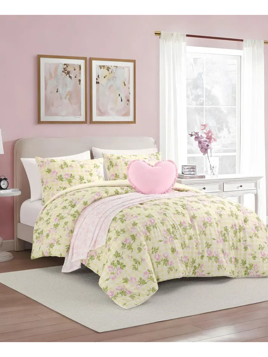 Комплект постельного белья с принтом Gingham Rose Betsey Johnson — изображение 2 из 12, желтый розовый