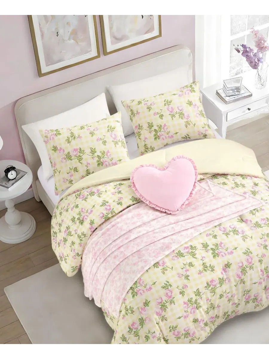 Комплект постельного белья с принтом Gingham Rose Betsey Johnson — изображение 3 из 12, желтый розовый