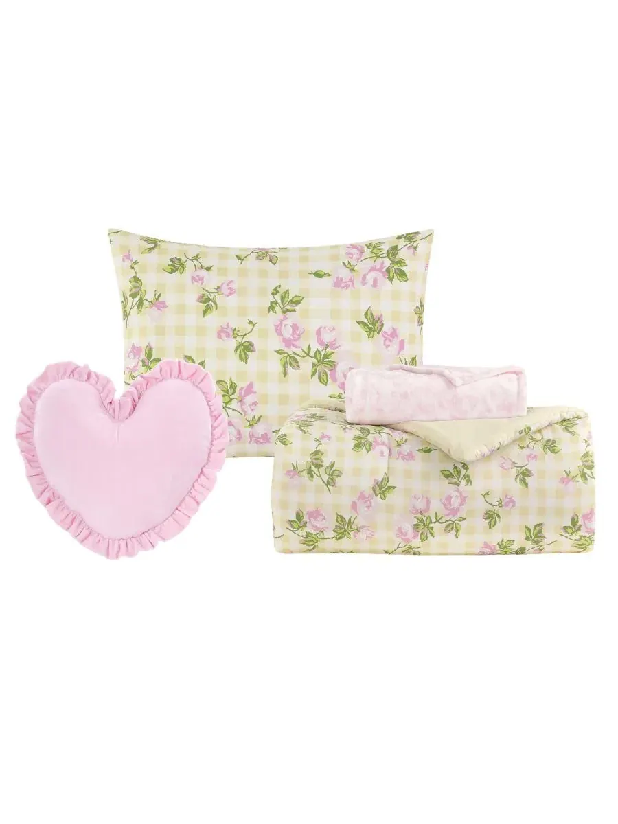 Комплект постельного белья с принтом Gingham Rose Betsey Johnson — изображение 9 из 12, желтый розовый