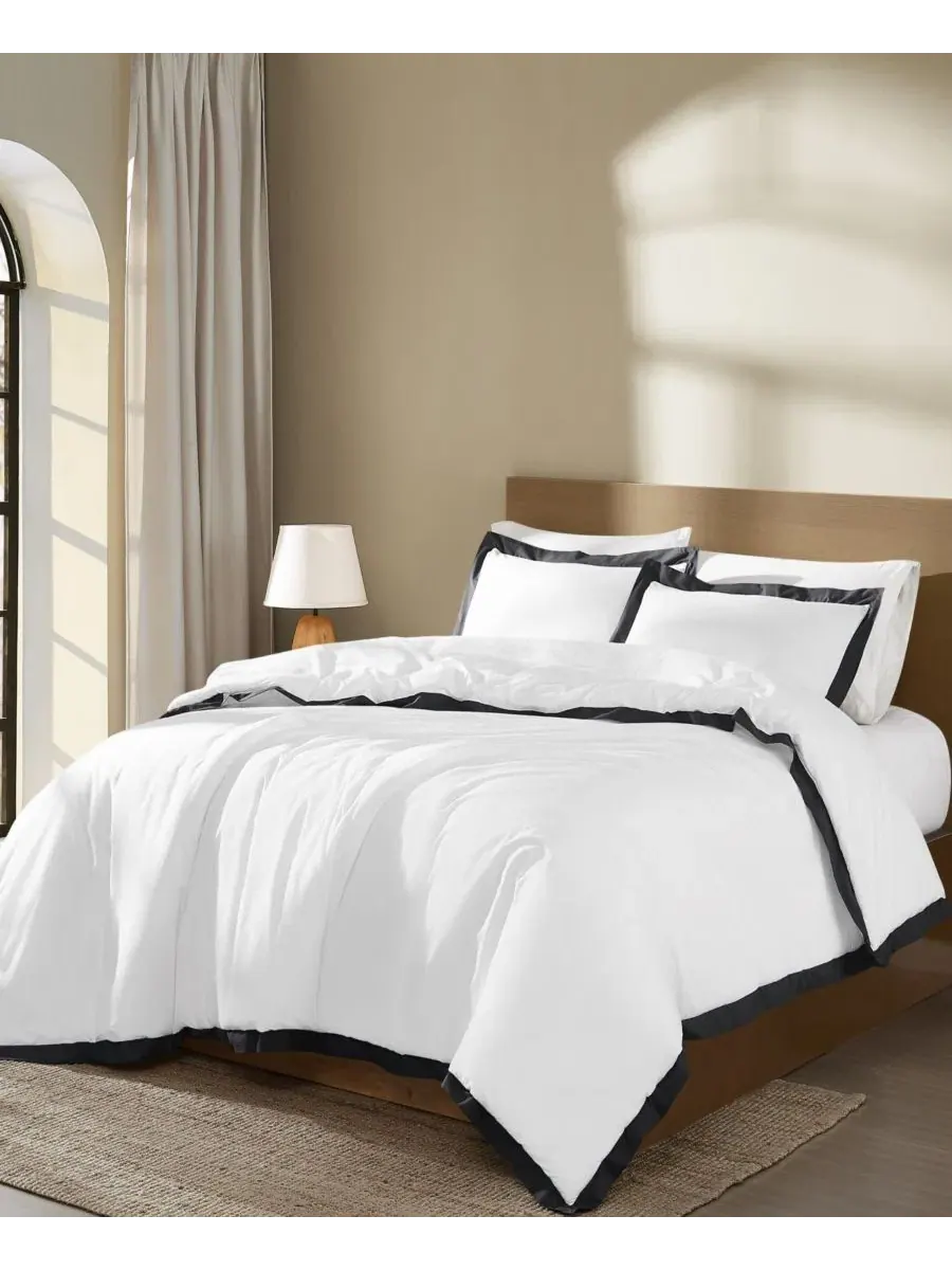 Комплект стеганого одеяла Cotton Hotel Border, 3 предмета, Full/Queen Brooklyn Loom — изображение 2 из 6, белый черный