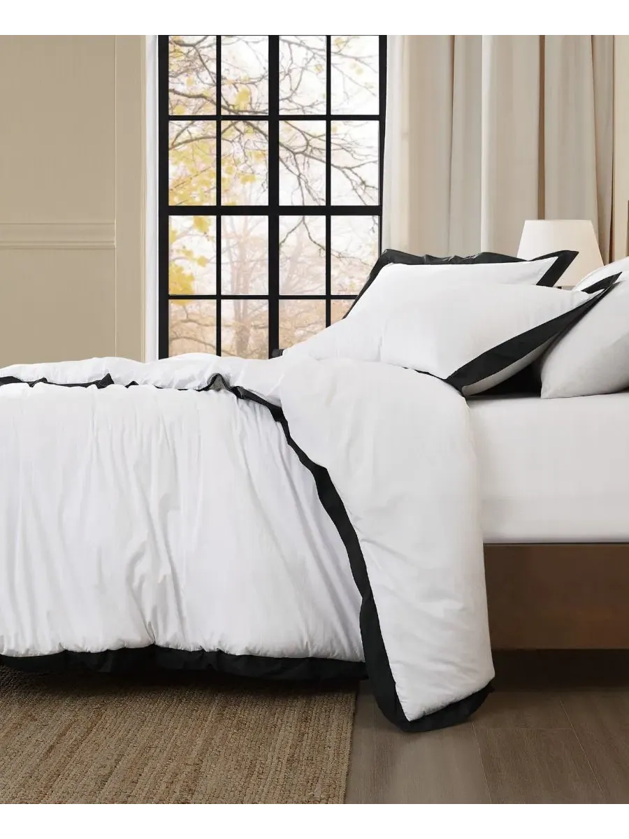 Комплект стеганого одеяла Cotton Hotel Border, 3 предмета, Full/Queen Brooklyn Loom — изображение 3 из 6, белый черный
