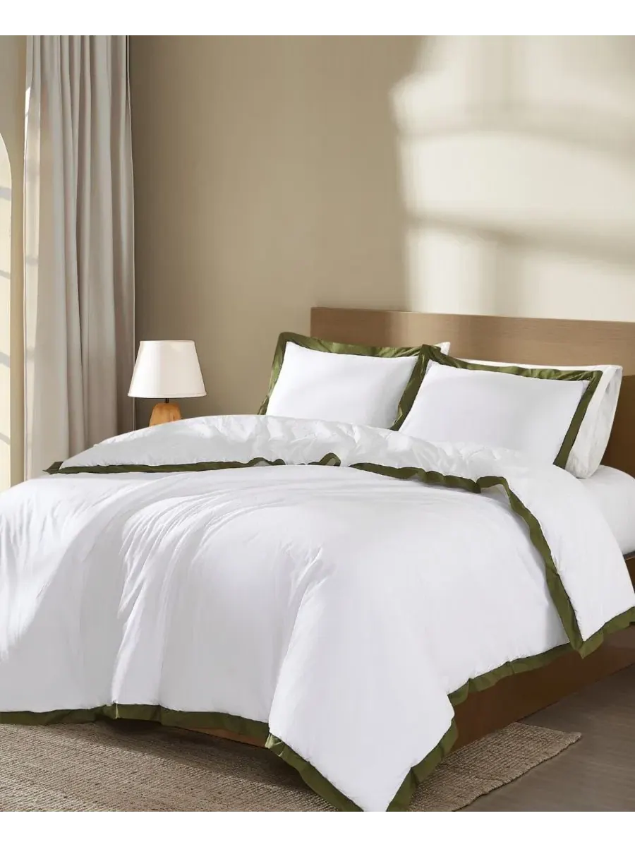 Комплект постельного белья Cotton Hotel Border 3-Piece Brooklyn Loom — изображение 2 из 6, белый зеленый