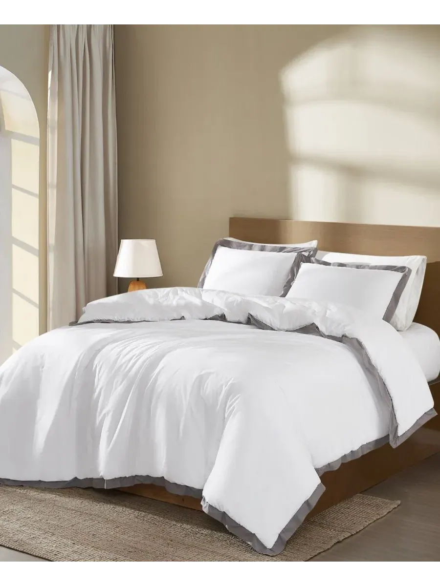 Комплект постельного белья Cotton Hotel Border, Full/Queen Brooklyn Loom — изображение 3 из 6, белый серый
