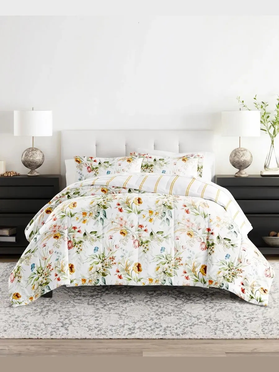 Комплект постельного белья с узором, 7 предметов, Queen ienjoy Home, Chintz Floral Stripe Clay