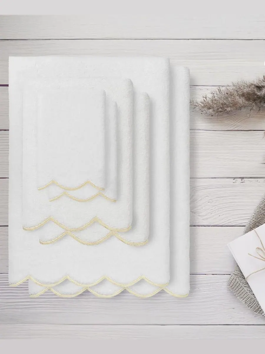 Набор из 6 полотенец Adornia Scallop Cotton Linum Home — изображение 2 из 6, белый бежевый
