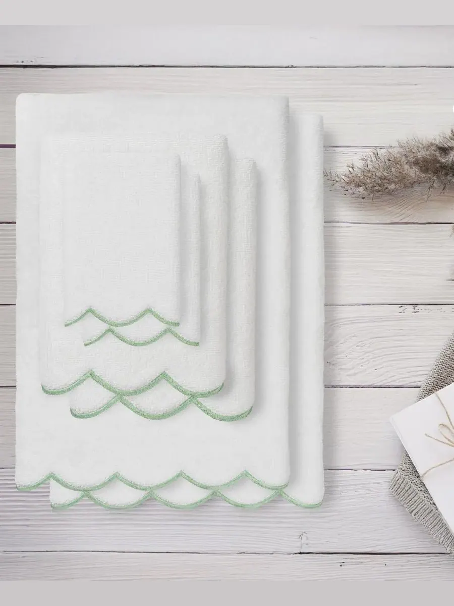 Набор из 6 полотенец Adornia Scallop Cotton Linum Home — изображение 2 из 6, белый зеленый