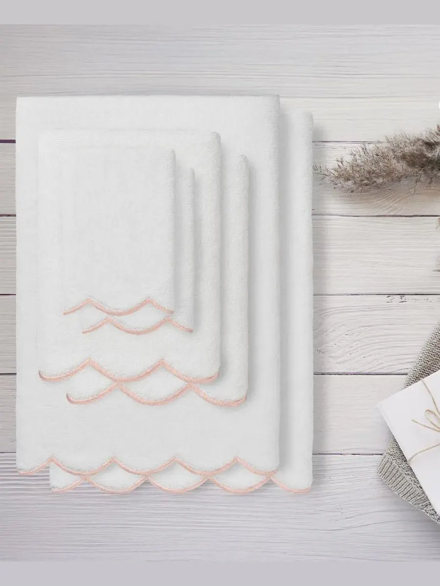 Набор из 6 полотенец Adornia Scallop Cotton Linum Home — изображение 2 из 6, белый розовый