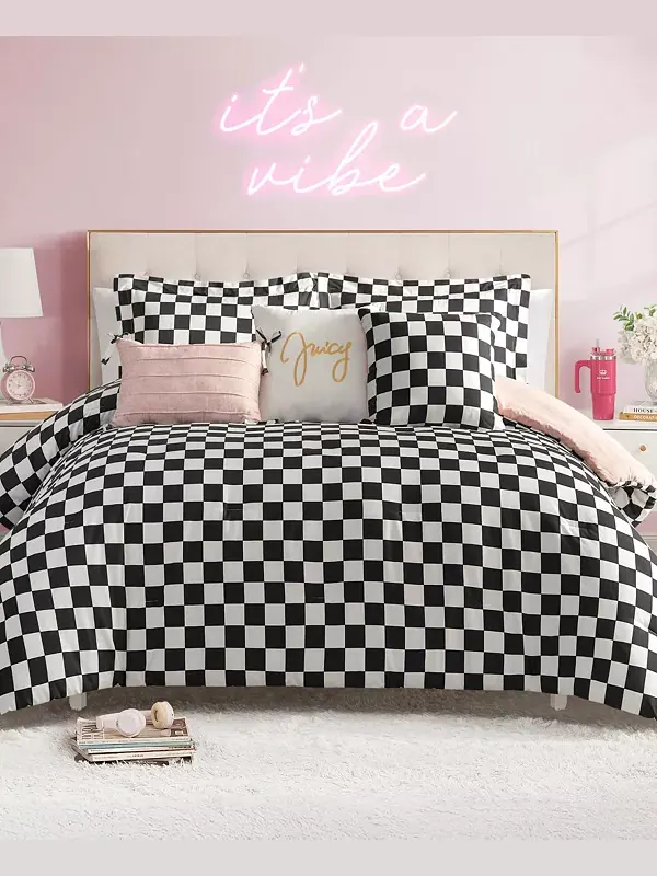 Комплект постельного белья с шахматным рисунком, 5 предметов, 1/2 xl Juicy Couture — изображение 1 из 4, черный/белый