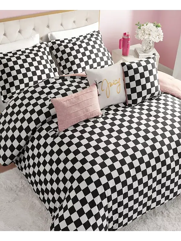 Комплект постельного белья с шахматным рисунком, 5 предметов, 1/2 xl Juicy Couture — изображение 3 из 4, черный/белый