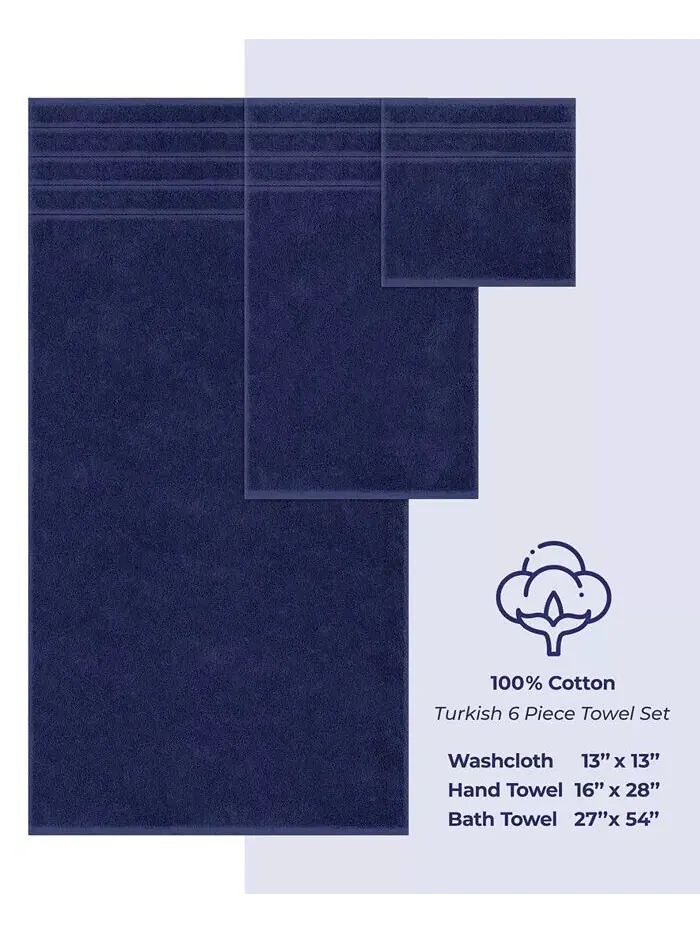 Роскошный комплект полотенец American Soft Linen из 100% хлопка, 6 шт — изображение 4 из 8, темно-синий