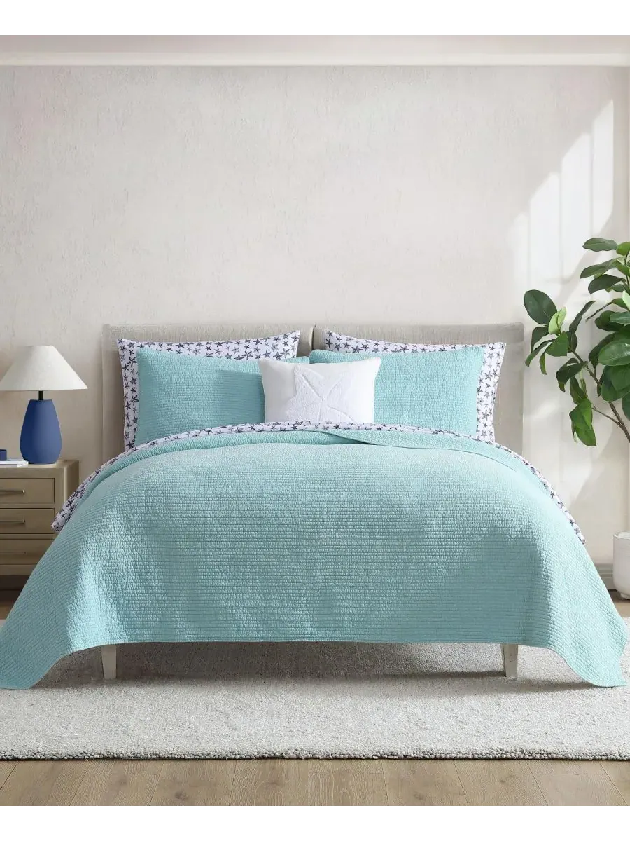 Комплект постельного белья Seashore Stitch из хлопка, двусторонний, 3 предмета, размер King — изображение 1 из 7, голубой