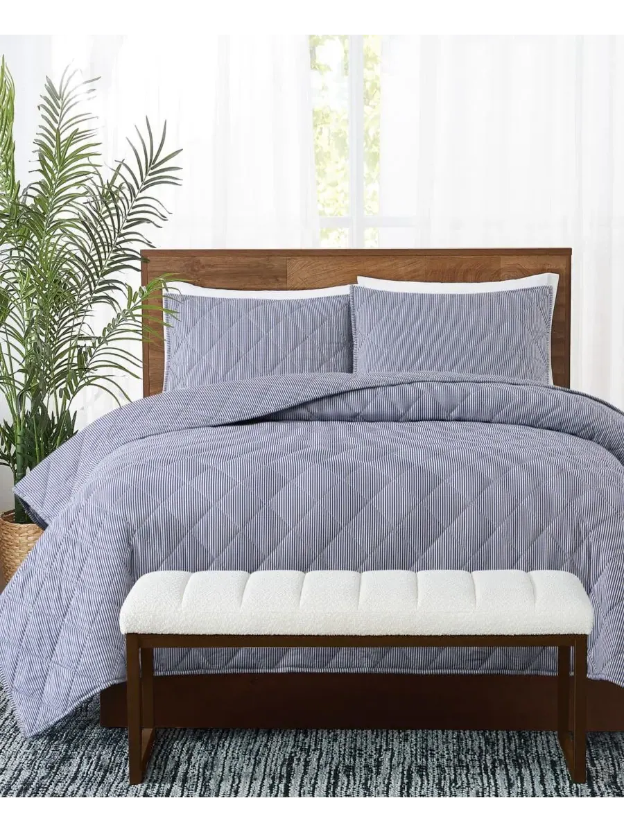 Комплект стеганого одеяла Brooklyn Loom Pinstripe, Full/Queen — изображение 3 из 6, белый темно-синий