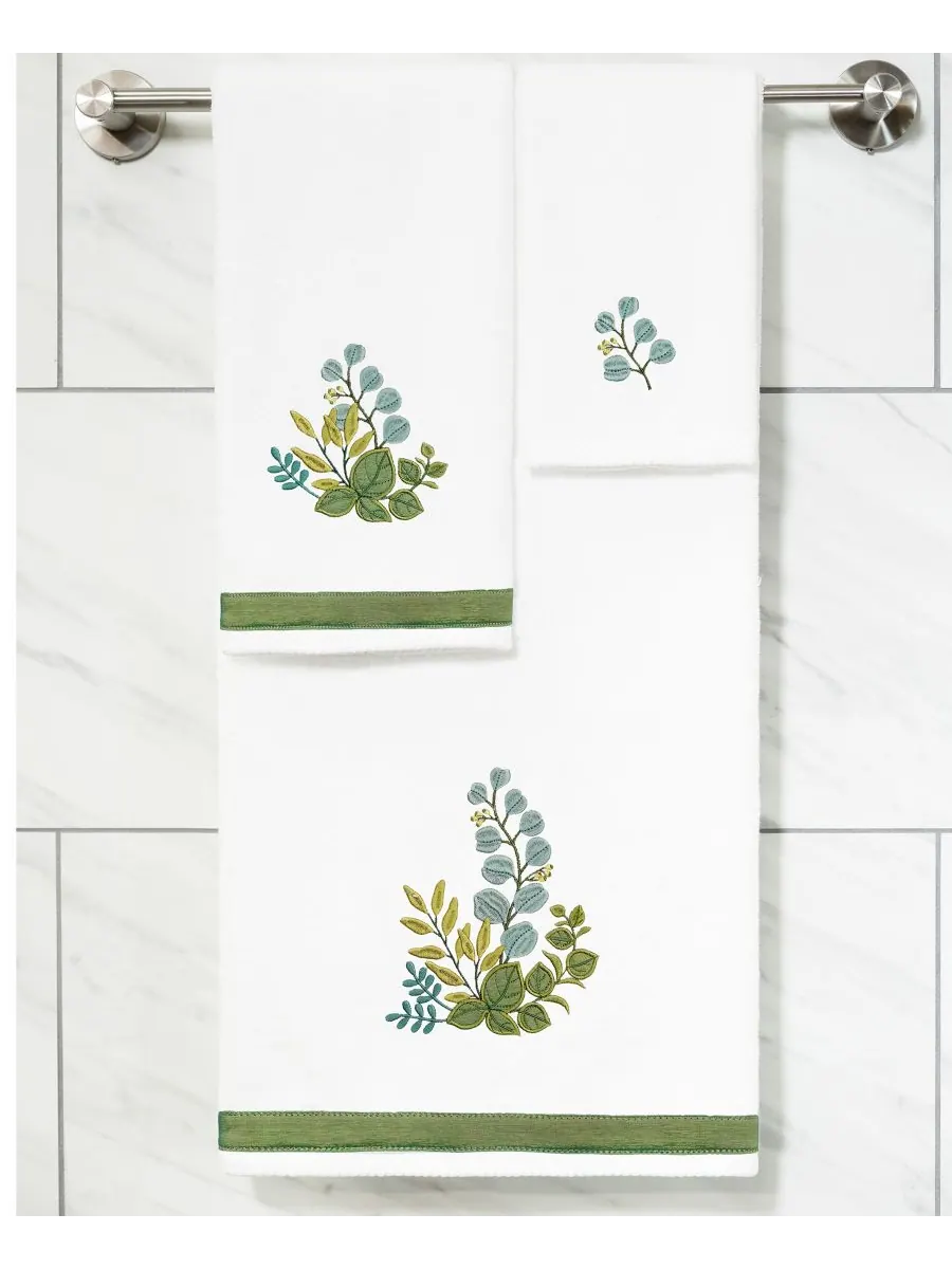 Набор из 3 банных полотенец из турецкого хлопка с вышивкой Botanica Linum Home — изображение 4 из 5, белый