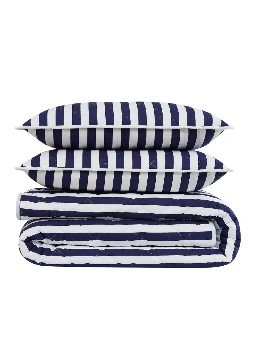Комплект стеганого покрывала Levi Stripe, King Brooklyn Loom — изображение 5 из 6, белый темно-синий