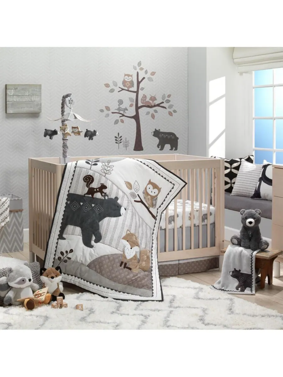 Детская простынь на резинке для кроватки Woodland Forest, бело-серая, из 100% хлопка Lambs & Ivy — изображение 4 из 6, белый