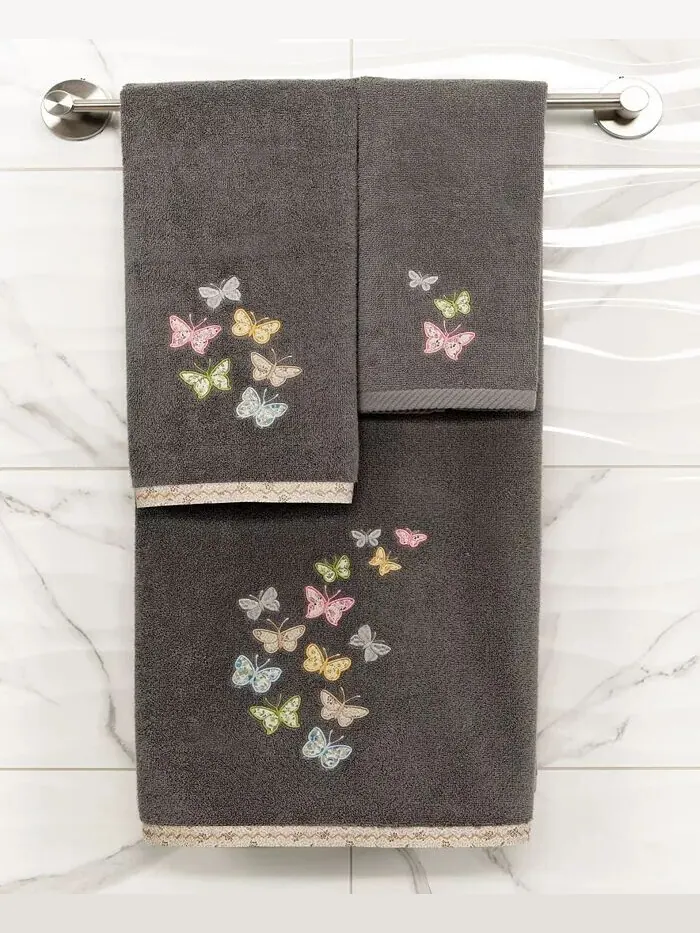 Набор украшенных полотенец Linum Home Mariposa из турецкого хлопка — изображение 5 из 7, темно-серый