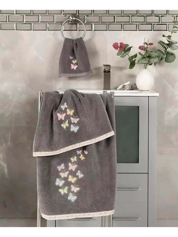 Набор украшенных полотенец Linum Home Mariposa из турецкого хлопка — изображение 7 из 7, темно-серый