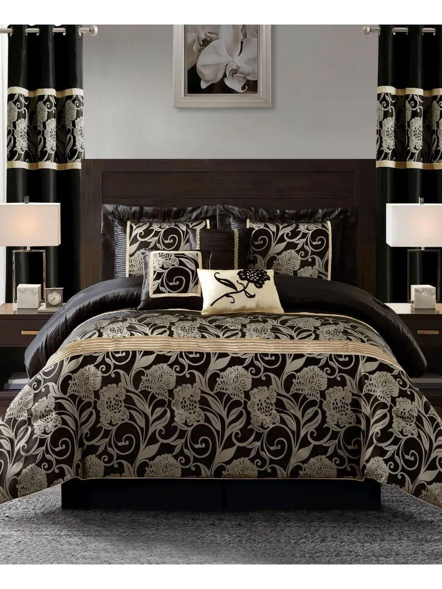 Комплект постельного белья Mollybee Floral, 9 предметов, размер Queen Stratford Park — изображение 1 из 6, черный золотистый