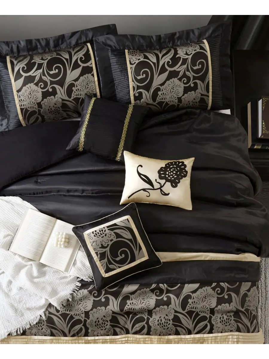 Комплект постельного белья Mollybee Floral, 9 предметов, размер Queen Stratford Park — изображение 2 из 6, черный золотистый