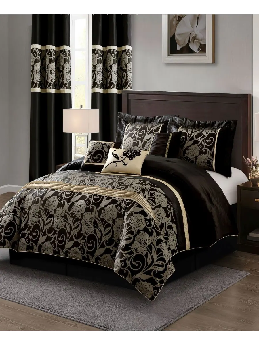 Комплект постельного белья Mollybee Floral, 9 предметов, размер Queen Stratford Park — изображение 3 из 6, черный золотистый