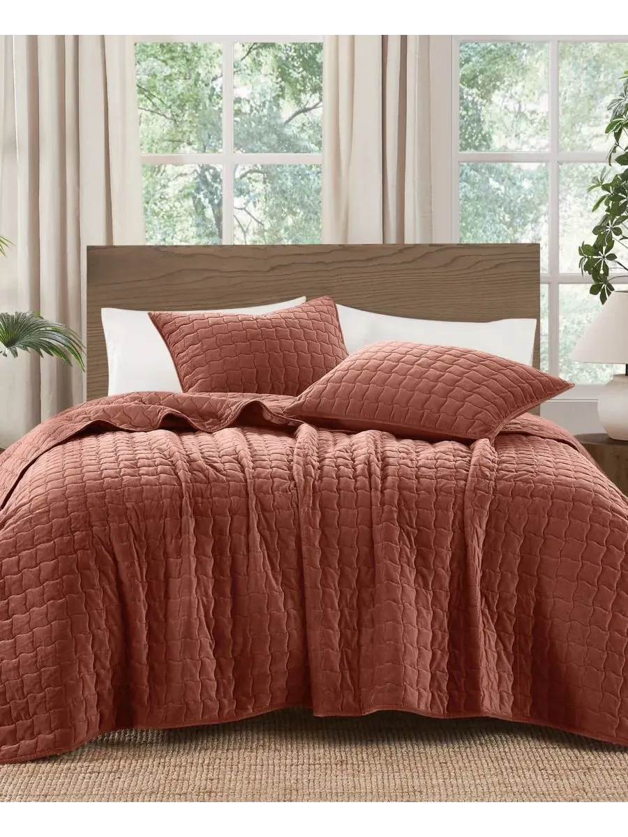 Комплект стеганого покрывала из матового хлопкового вельвета Wavy Square, King Brooklyn Loom