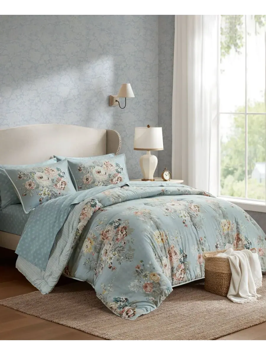 Комплект постельного белья Heather Vintage Floral из 7 предметов, размер King Madison Park — изображение 3 из 10, синий