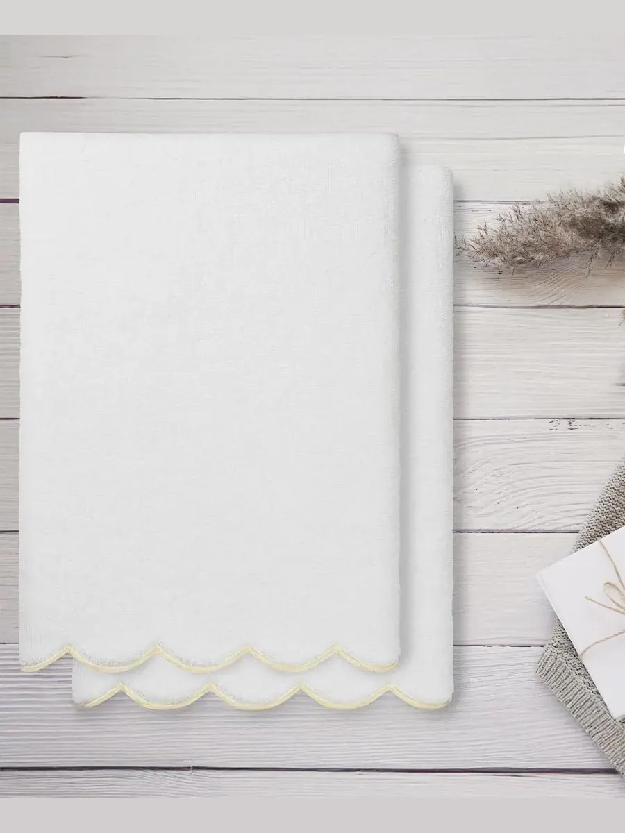 Набор банных полотенец Adornia Scallop Cotton, 2 предмета, 68 см x 137 см Linum Home — изображение 3 из 3, белый бежевый