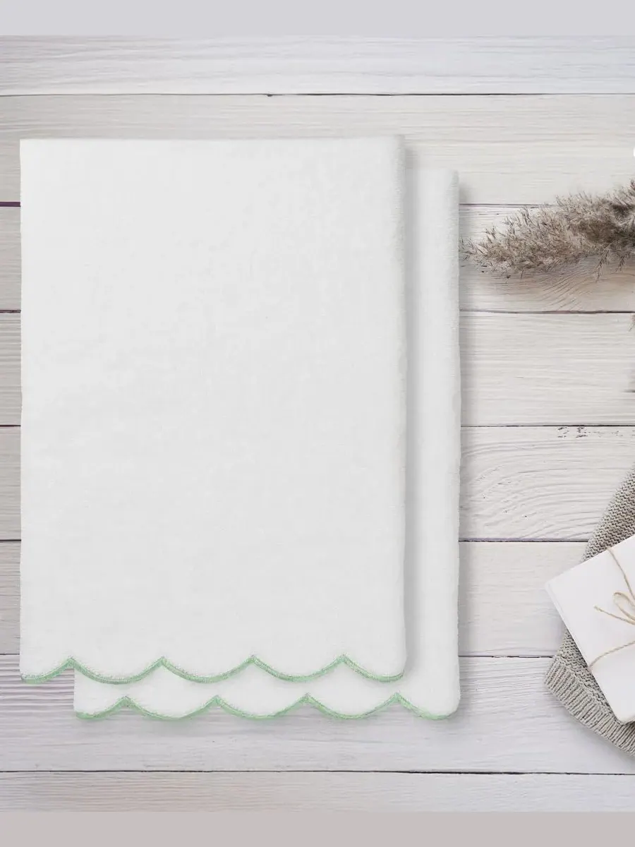 Набор банных полотенец Adornia Scallop Cotton, 2 предмета, 68 см x 137 см Linum Home — изображение 3 из 3, белый зеленый