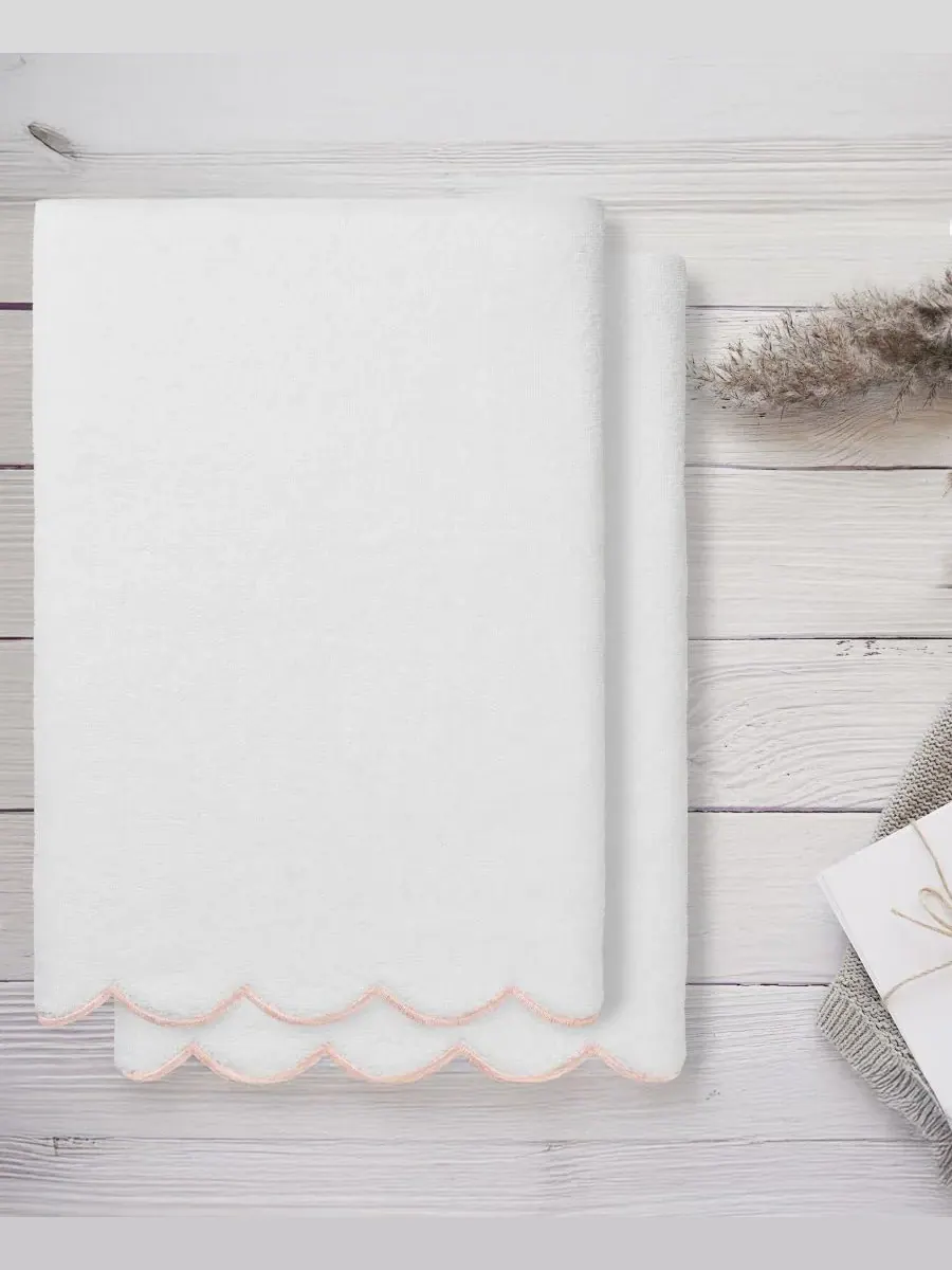 Набор банных полотенец Adornia Scallop Cotton, 2 предмета, 68 см x 137 см Linum Home — изображение 3 из 3, белый розовый