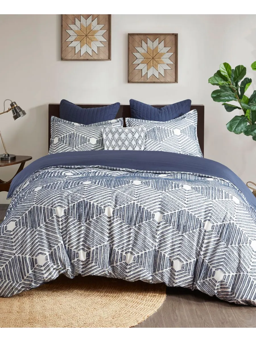 Комплект постельного белья Ellipse Jacquard из 3 предметов, размер Full/Queen INK+IVY — изображение 1 из 9, темно-синий