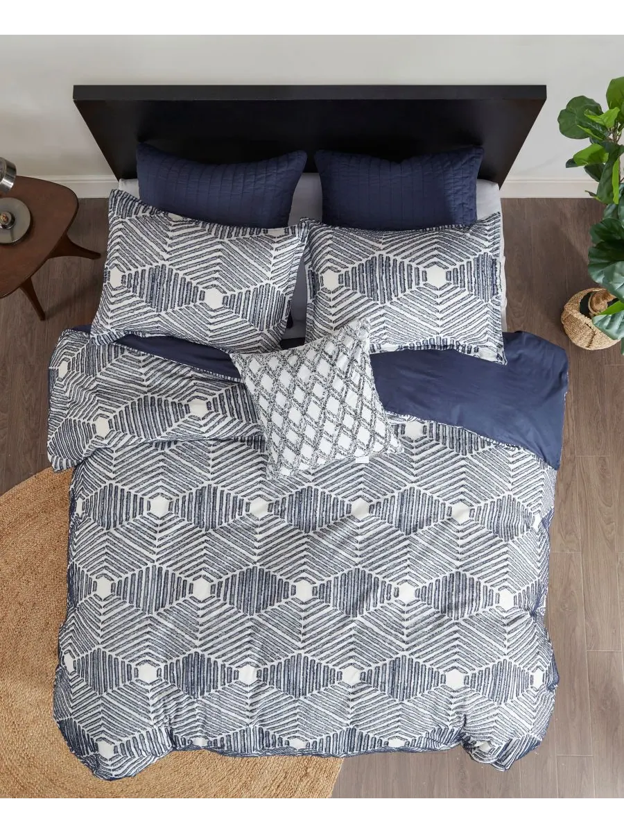 Комплект постельного белья Ellipse Jacquard из 3 предметов, размер Full/Queen INK+IVY — изображение 7 из 9, темно-синий