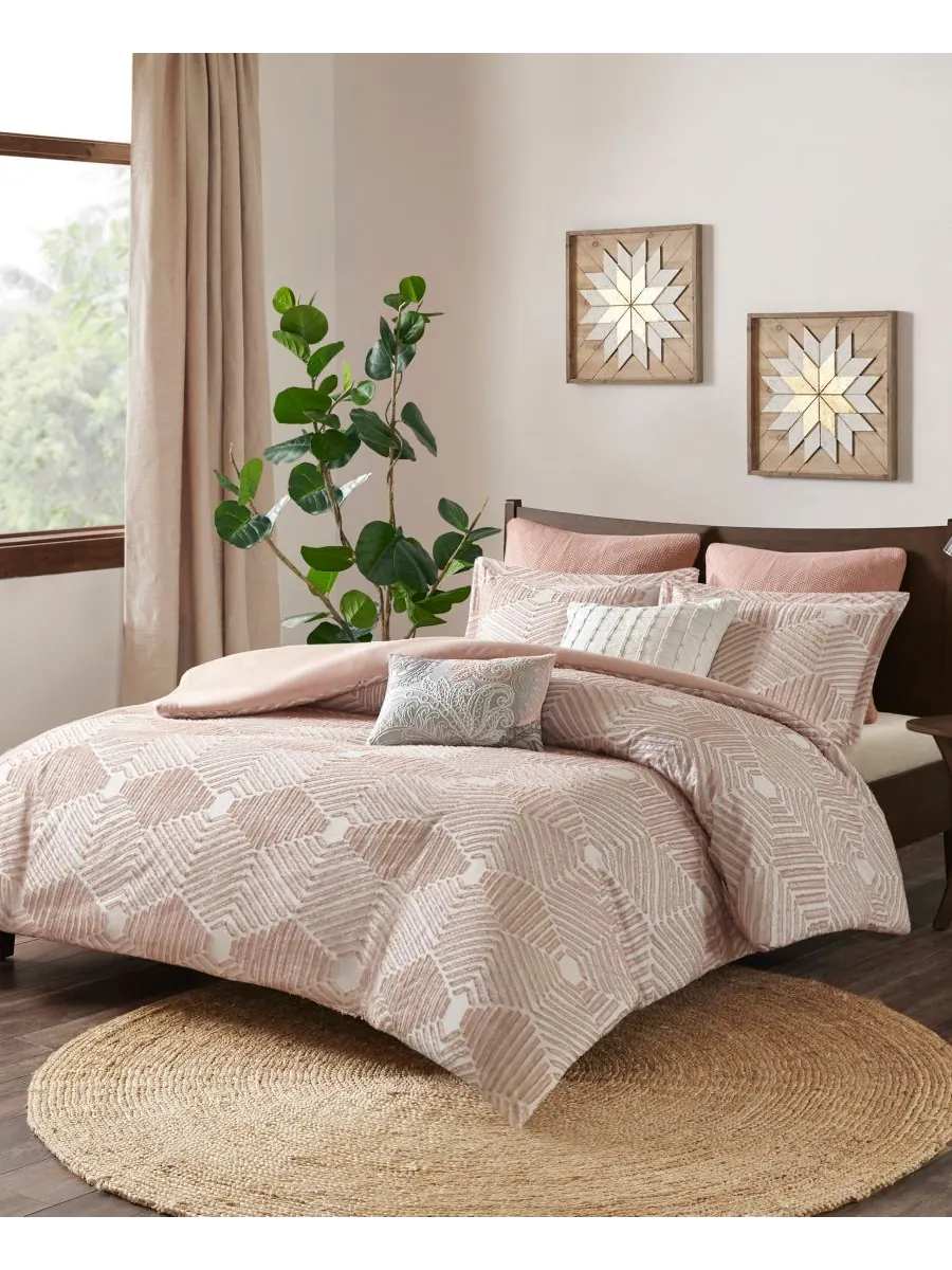 Комплект постельного белья Ellipse Jacquard из 3 предметов, размер Full/Queen INK+IVY — изображение 5 из 9, пудровый розовый