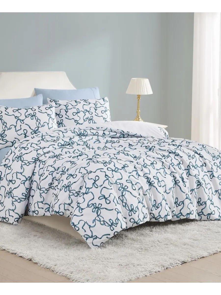 Комплект постельного белья "Printed Bow Whimsy" из 3 предметов, размер "Кинг-сайз", 3 предмета — изображение 4 из 5, синий