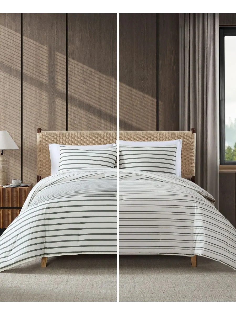 Комплект постельного белья Cooper Stripe из хлопка, двусторонний, 3 предмета, размер King Eddie — изображение 6 из 9, зеленый