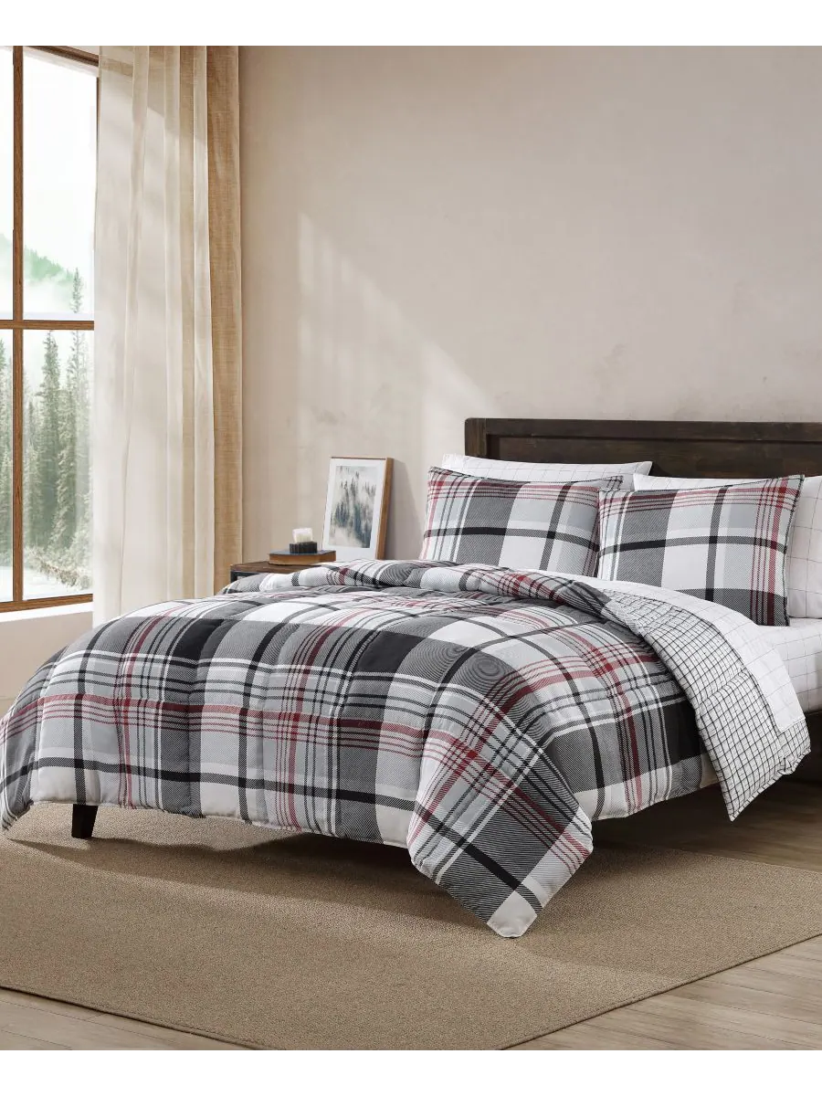 Комплект постельного белья Normandy Plaid Micro Suede Down Alternative из 3 предметов — изображение 8 из 10, черный красный