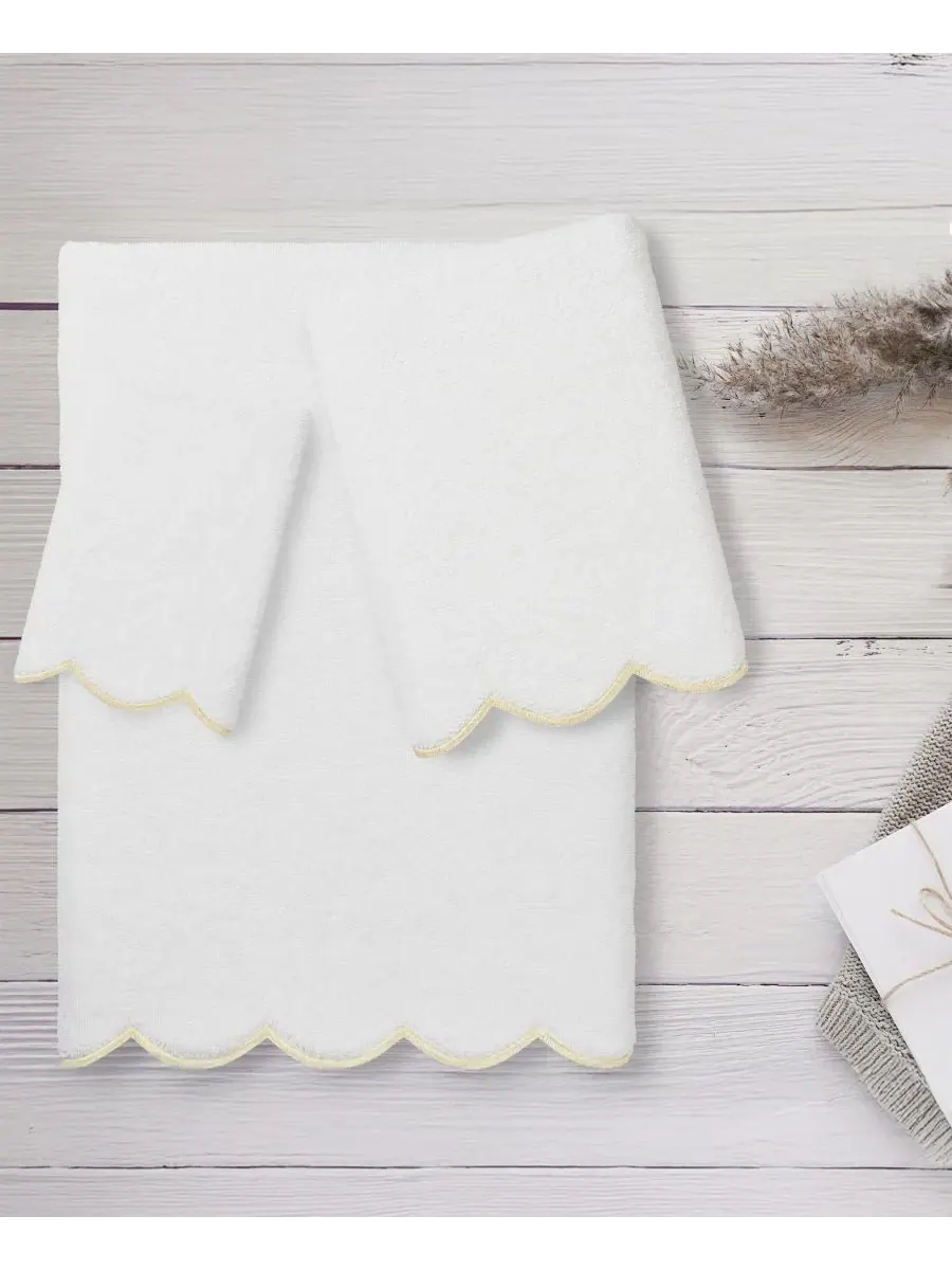 Набор из 3 полотенец Adornia Scallop Cotton Linum Home — изображение 3 из 6, белый бежевый