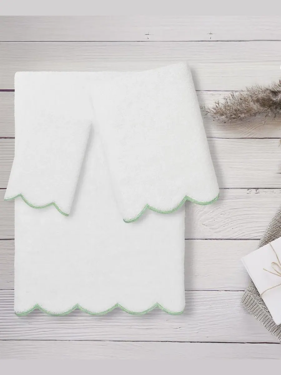 Набор из 3 полотенец Adornia Scallop Cotton Linum Home — изображение 3 из 6, белый зеленый
