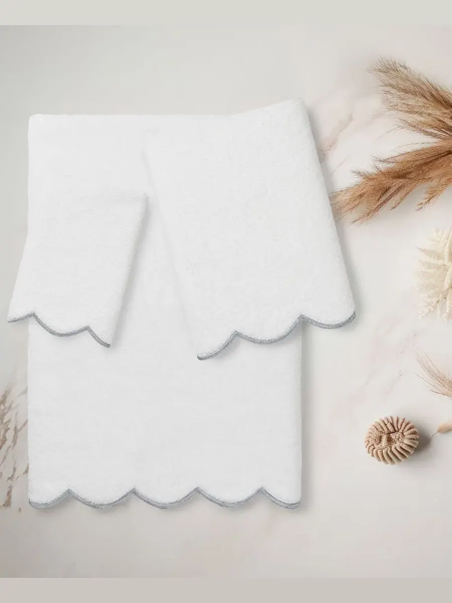 Набор из 3 полотенец Adornia Scallop Cotton Linum Home — изображение 3 из 6, белый серый