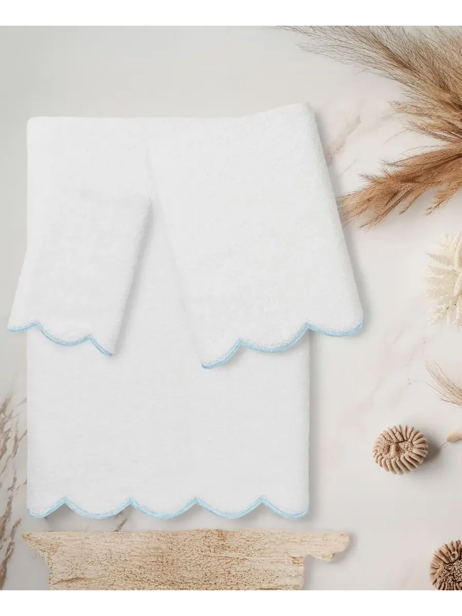 Набор из 3 полотенец Adornia Scallop Cotton Linum Home — изображение 3 из 6, белый синий