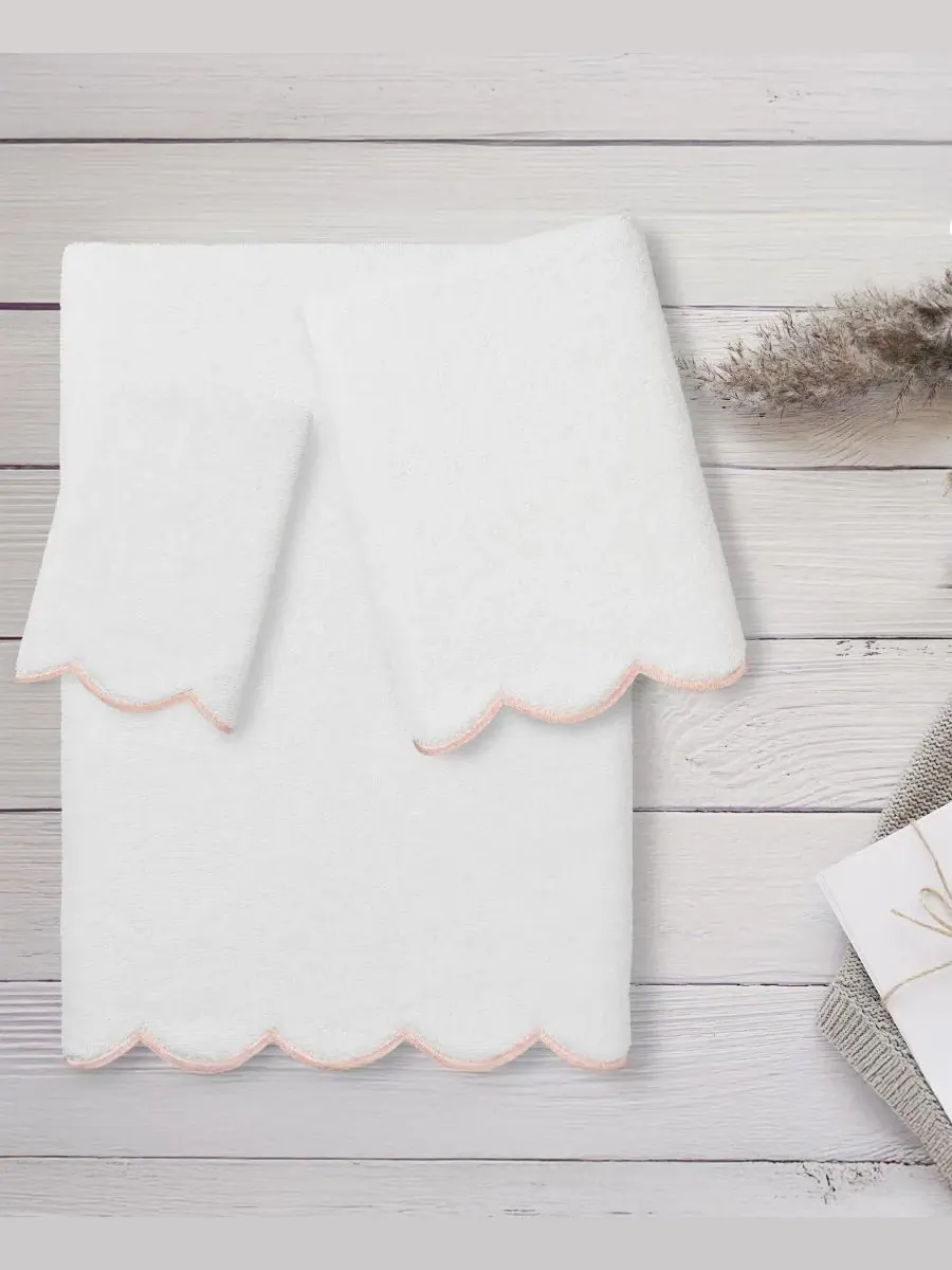 Набор из 3 полотенец Adornia Scallop Cotton Linum Home — изображение 3 из 4, белый розовый