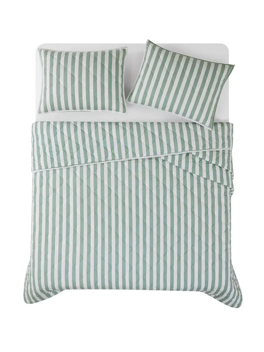 Комплект покрывало и наволочка Levi Stripe, 2 предмета, Twin/Twin XL Brooklyn Loom — изображение 4 из 6, белый зеленый