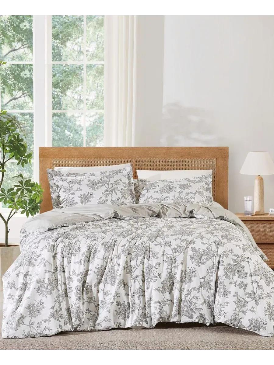 Комплект пододеяльников с флористическим принтом Mila Floral Brooklyn Loom — изображение 1 из 5, белый серый