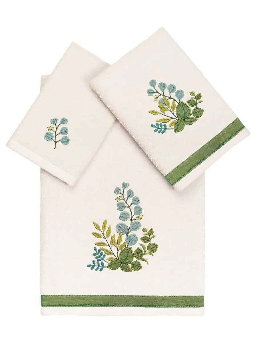 Набор из 3 банных полотенец из турецкого хлопка с вышивкой Botanica Linum Home — изображение 1 из 7, бежевый